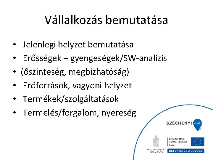 Vállalkozás bemutatása • • • Jelenlegi helyzet bemutatása Erősségek – gyengeségek/SW-analízis (őszinteség, megbízhatóság) Erőforrások,