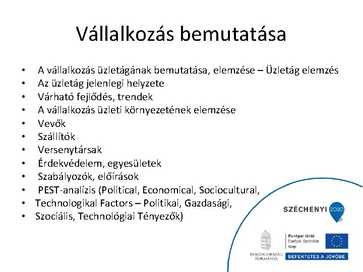 Vállalkozás bemutatása • A vállalkozás üzletágának bemutatása, elemzése – Üzletág elemzés • Az üzletág