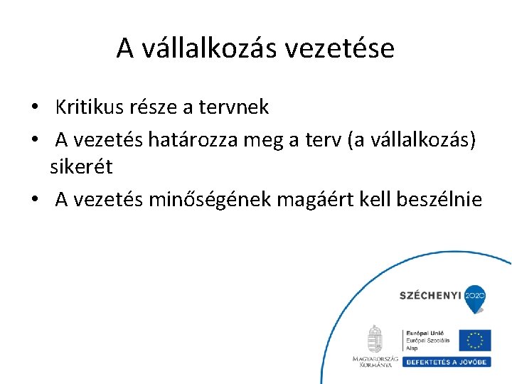 A vállalkozás vezetése • Kritikus része a tervnek • A vezetés határozza meg a