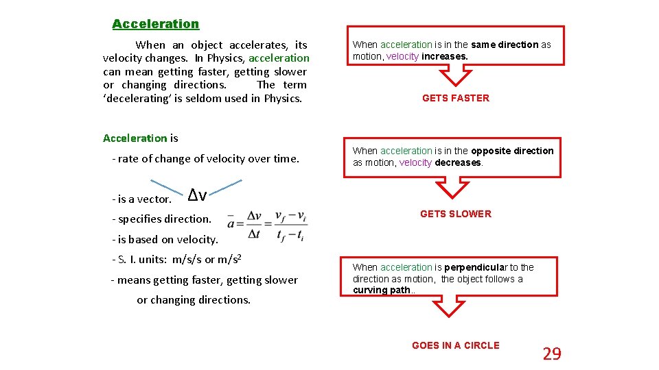 Acceleration When an object accelerates, its velocity changes. In Physics, acceleration can mean getting