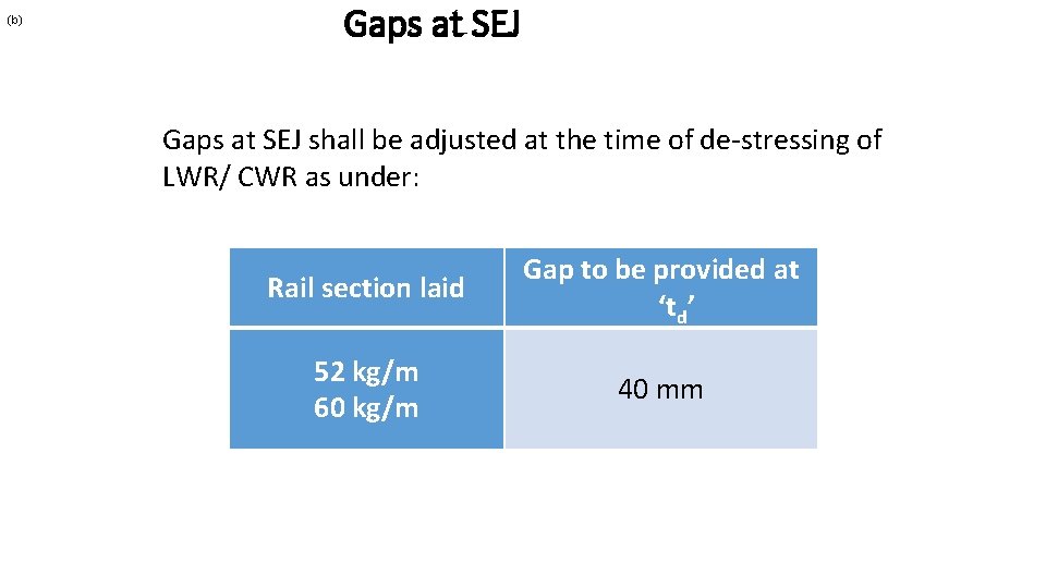 (b) Gaps at SEJ shall be adjusted at the time of de-stressing of LWR/ (b) Gaps at SEJ shall be adjusted at the time of de-stressing of LWR/