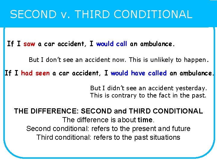 SECOND v. THIRD CONDITIONAL If I saw a car accident, I would call an SECOND v. THIRD CONDITIONAL If I saw a car accident, I would call an