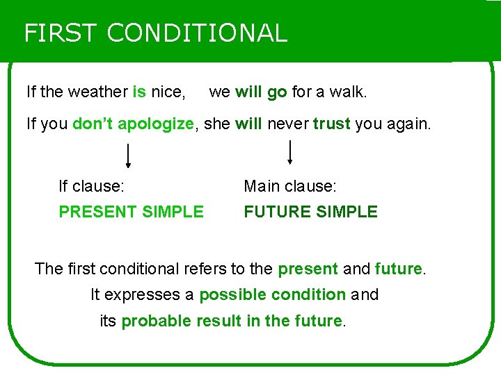 FIRST CONDITIONAL If the weather is nice, we will go for a walk. If FIRST CONDITIONAL If the weather is nice, we will go for a walk. If
