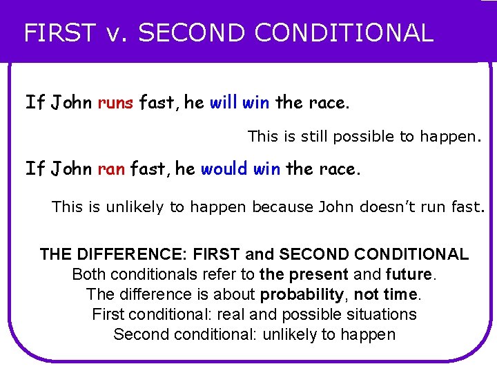 FIRST v. SECONDITIONAL If John runs fast, he will win the race. This is FIRST v. SECONDITIONAL If John runs fast, he will win the race. This is