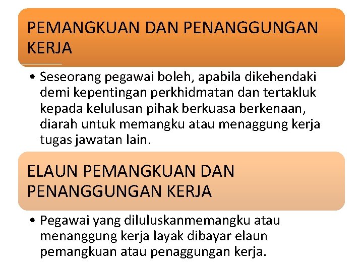 PEMANGKUAN DAN PENANGGUNGAN KERJA • Seseorang pegawai boleh, apabila dikehendaki demi kepentingan perkhidmatan dan PEMANGKUAN DAN PENANGGUNGAN KERJA • Seseorang pegawai boleh, apabila dikehendaki demi kepentingan perkhidmatan dan