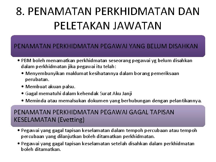 8. PENAMATAN PERKHIDMATAN DAN PELETAKAN JAWATAN PENAMATAN PERKHIDMATAN PEGAWAI YANG BELUM DISAHKAN • PBM 8. PENAMATAN PERKHIDMATAN DAN PELETAKAN JAWATAN PENAMATAN PERKHIDMATAN PEGAWAI YANG BELUM DISAHKAN • PBM