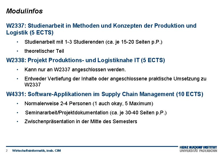 Modulinfos W 2337: Studienarbeit in Methoden und Konzepten der Produktion und Logistik (5 ECTS)