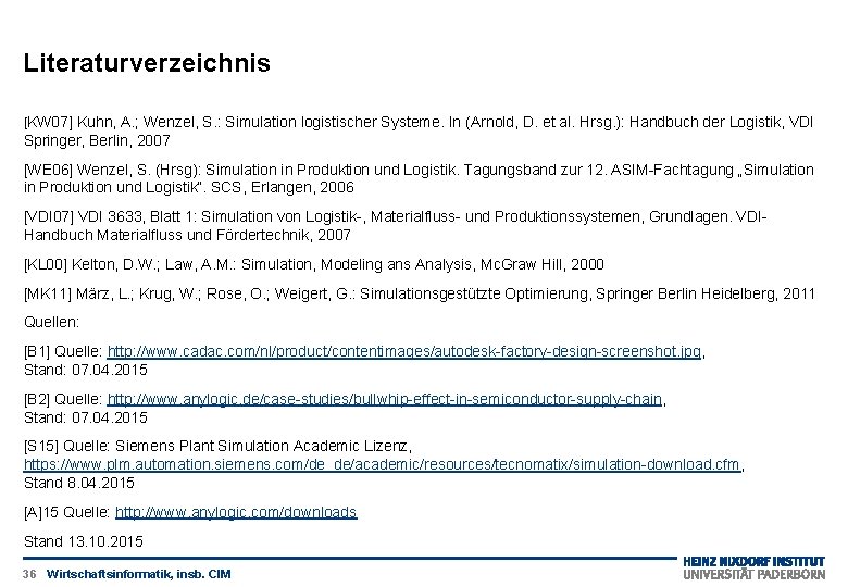 Literaturverzeichnis [KW 07] Kuhn, A. ; Wenzel, S. : Simulation logistischer Systeme. In (Arnold,