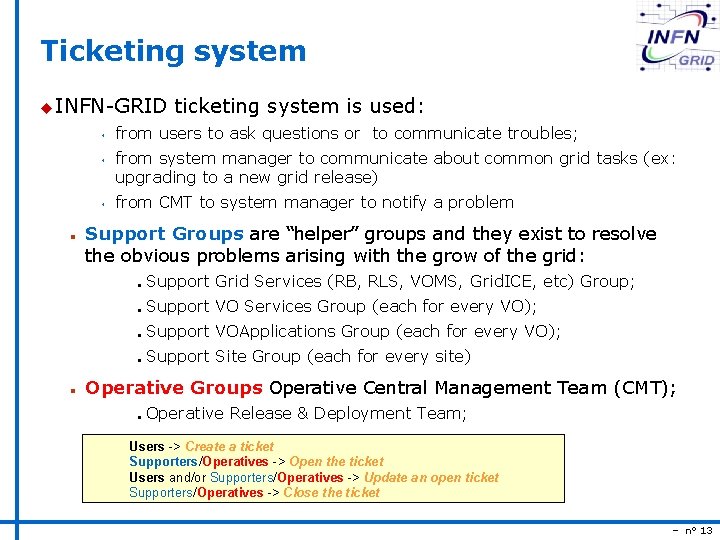 Ticketing system u INFN-GRID ticketing system is used: s s s n from users