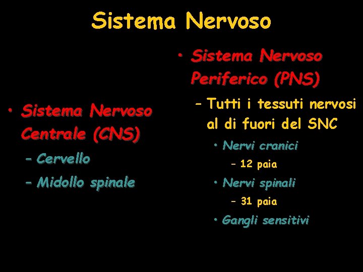 Sistema Nervoso • Sistema Nervoso Periferico (PNS) • Sistema Nervoso Centrale (CNS) – Cervello