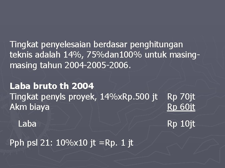Tingkat penyelesaian berdasar penghitungan teknis adalah 14%, 75%dan 100% untuk masing tahun 2004 -2005