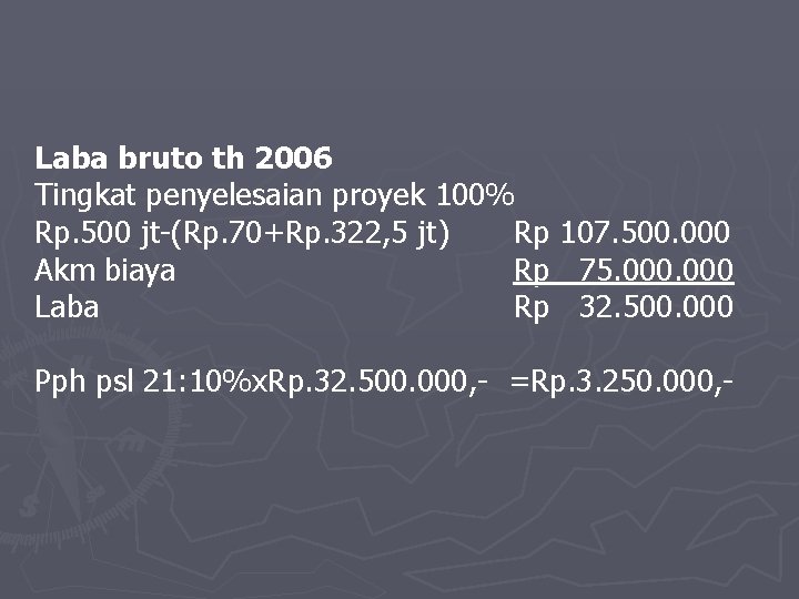 Laba bruto th 2006 Tingkat penyelesaian proyek 100% Rp. 500 jt-(Rp. 70+Rp. 322, 5