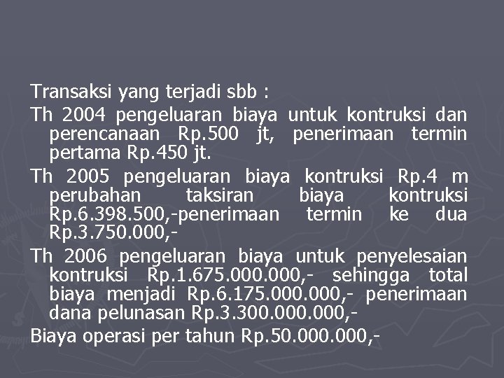 Transaksi yang terjadi sbb : Th 2004 pengeluaran biaya untuk kontruksi dan perencanaan Rp.