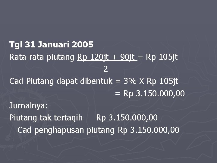 Tgl 31 Januari 2005 Rata-rata piutang Rp 120 jt + 90 jt = Rp