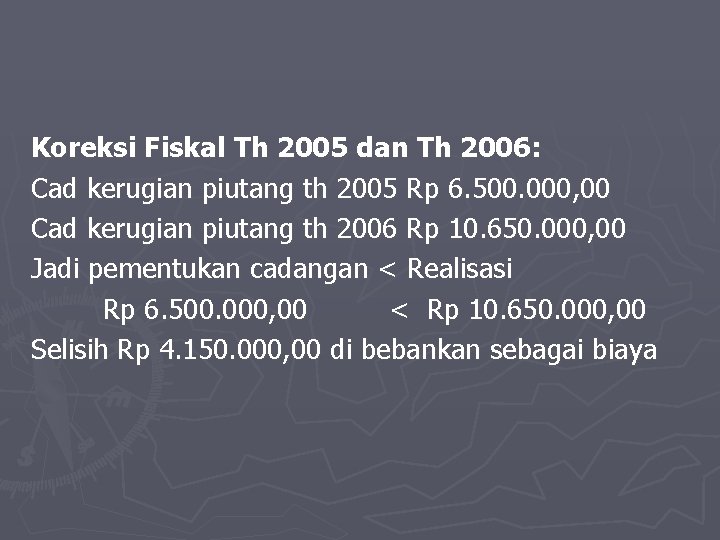 Koreksi Fiskal Th 2005 dan Th 2006: Cad kerugian piutang th 2005 Rp 6.