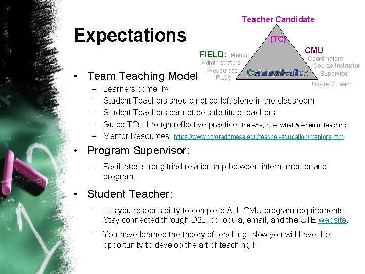 Teacher Candidate Expectations (TC) FIELD: • Team Teaching Model – – – CMU Mentor