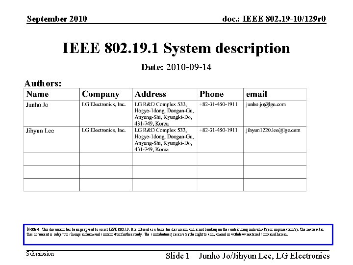 September 2010 doc. : IEEE 802. 19 -10/129 r 0 IEEE 802. 19. 1