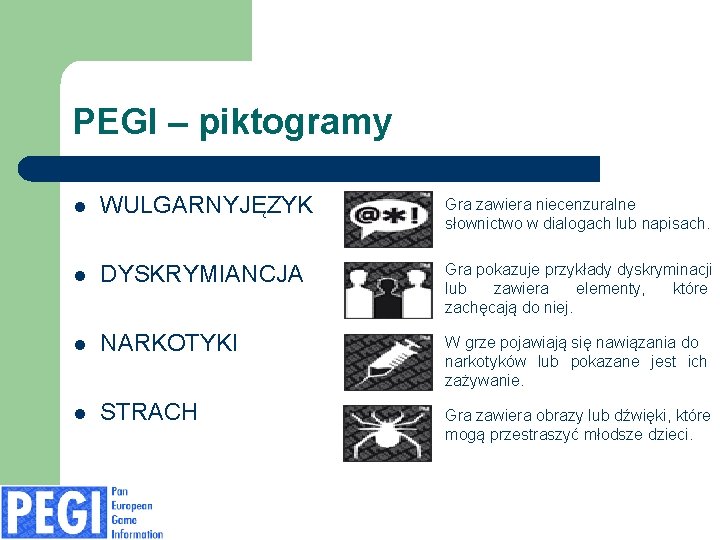 PEGI – piktogramy l WULGARNYJĘZYK Gra zawiera niecenzuralne słownictwo w dialogach lub napisach. l