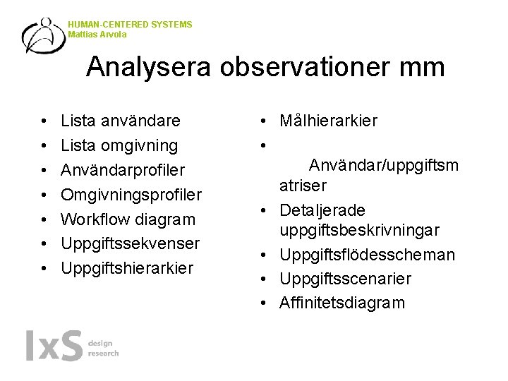 HUMAN-CENTERED SYSTEMS Mattias Arvola Analysera observationer mm • • Lista användare Lista omgivning Användarprofiler