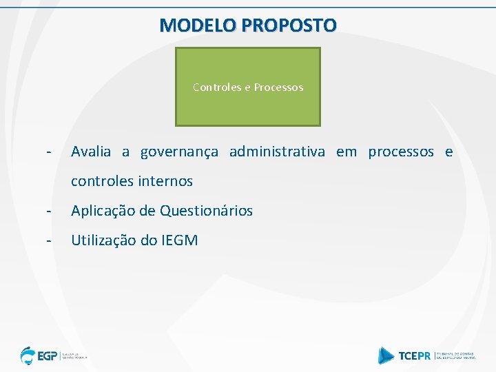 MODELO PROPOSTO Controles e Processos - Avalia a governança administrativa em processos e controles