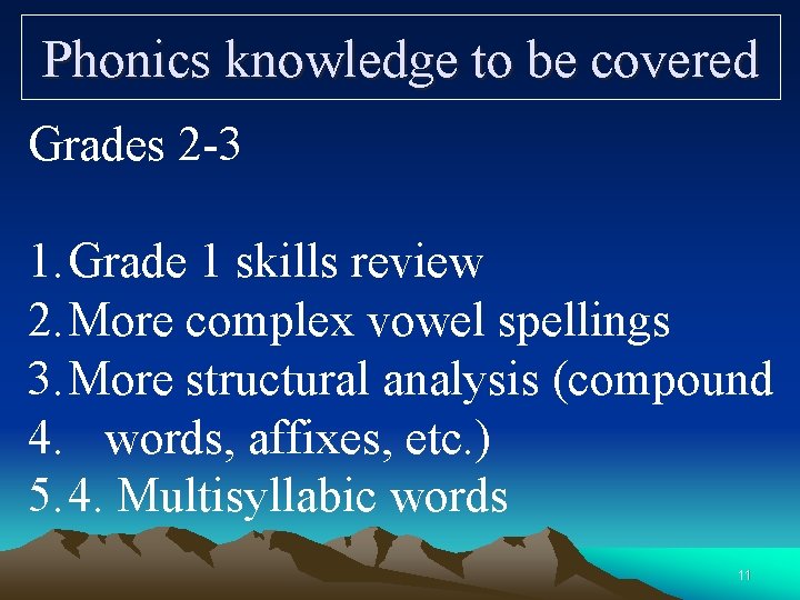 Phonics knowledge to be covered Grades 2 -3 1. Grade 1 skills review 2.