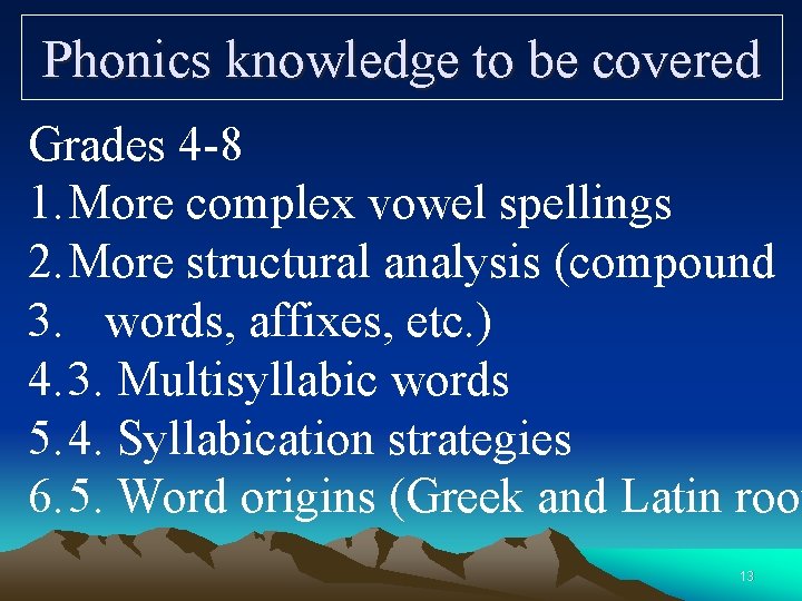Phonics knowledge to be covered Grades 4 -8 1. More complex vowel spellings 2.