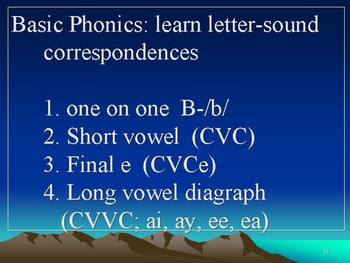 Basic Phonics: learn letter-sound correspondences 1. one on one B-/b/ 2. Short vowel (CVC)