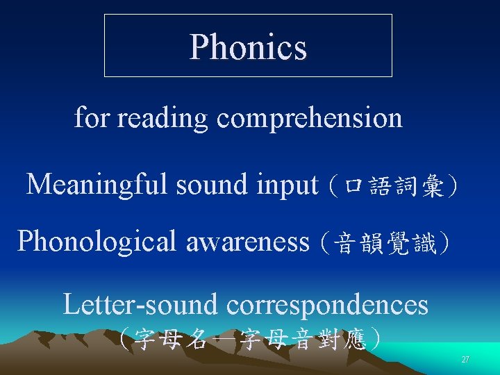 Phonics for reading comprehension Meaningful sound input (口語詞彙) Phonological awareness (音韻覺識) Letter-sound correspondences (字母名—字母音對應)