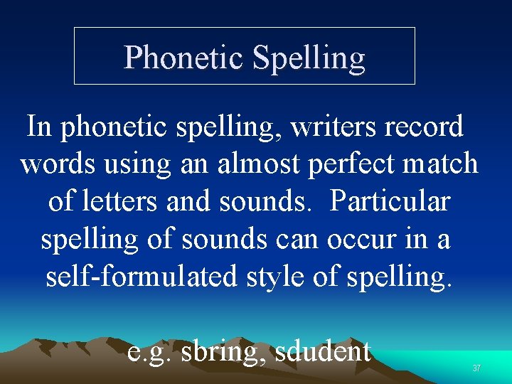 Phonetic Spelling In phonetic spelling, writers record words using an almost perfect match of