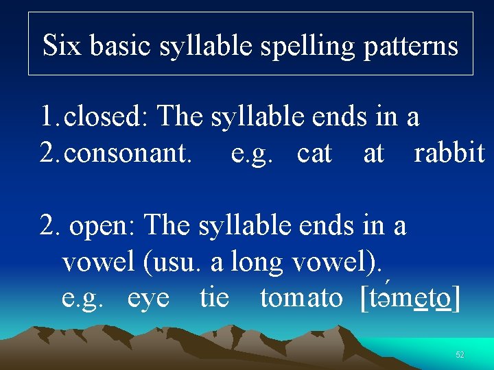 Six basic syllable spelling patterns 1. closed: The syllable ends in a 2. consonant.