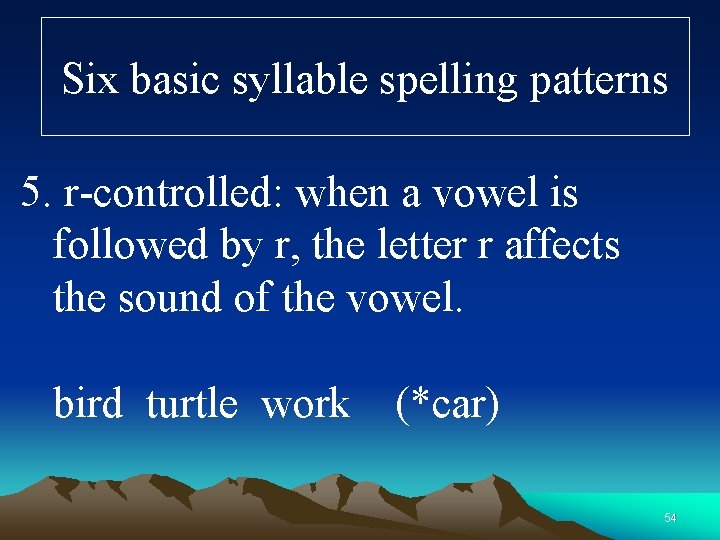 Six basic syllable spelling patterns 5. r-controlled: when a vowel is followed by r,