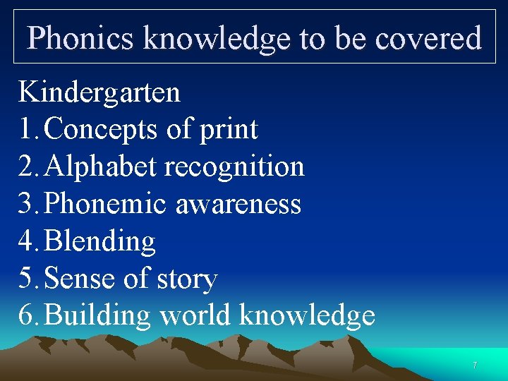 Phonics knowledge to be covered Kindergarten 1. Concepts of print 2. Alphabet recognition 3.