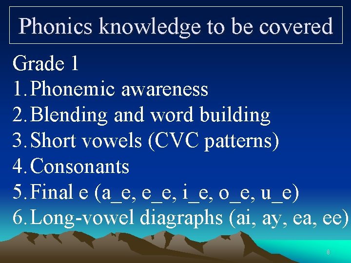 Phonics knowledge to be covered Grade 1 1. Phonemic awareness 2. Blending and word