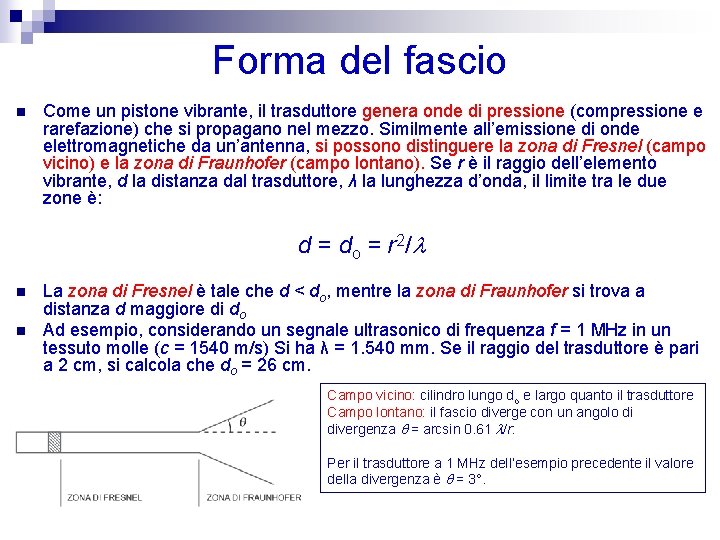 Forma del fascio n Come un pistone vibrante, il trasduttore genera onde di pressione