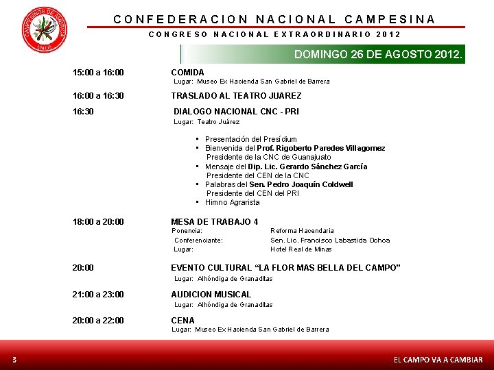 CONFEDERACION NACIONAL CAMPESINA CONGRESO NACIONAL EXTRAORDINARIO 2012 DOMINGO 26 DE AGOSTO 2012. 15: 00