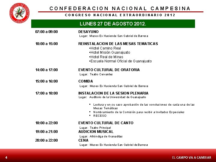 CONFEDERACION NACIONAL CAMPESINA CONGRESO NACIONAL EXTRAORDINARIO 2012 LUNES 27 DE AGOSTO 2012. 07: 00