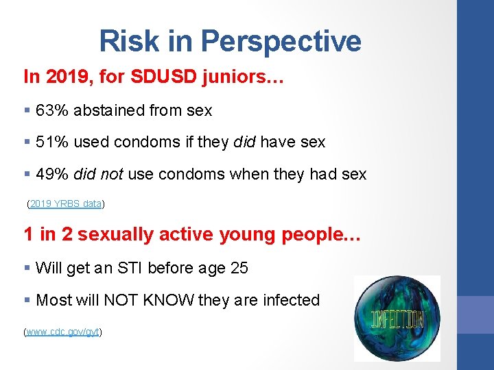 Risk in Perspective In 2019, for SDUSD juniors… § 63% abstained from sex §