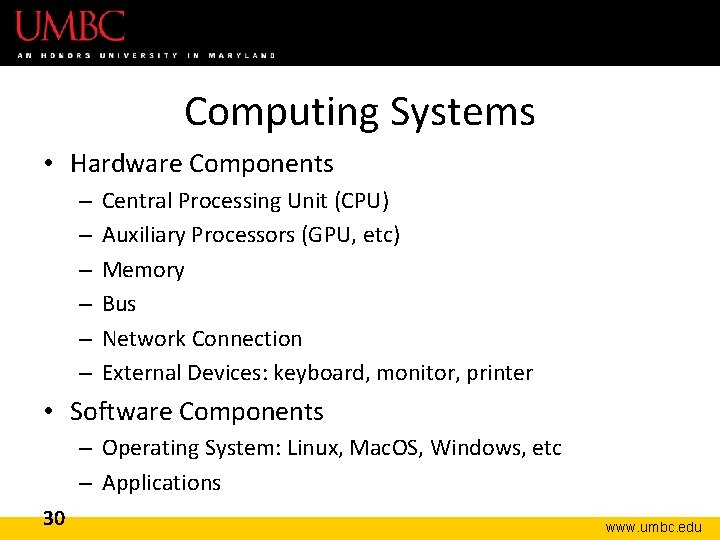 Computing Systems • Hardware Components – – – Central Processing Unit (CPU) Auxiliary Processors