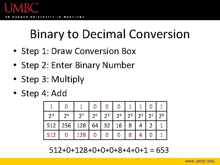 Binary to Decimal Conversion • • Step 1: Draw Conversion Box Step 2: Enter