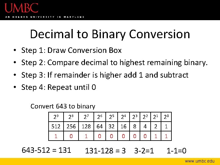 Decimal to Binary Conversion • • Step 1: Draw Conversion Box Step 2: Compare