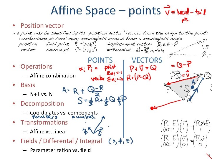 Affine Space – points • Position vector • Operations POINTS VECTORS – Affine combination