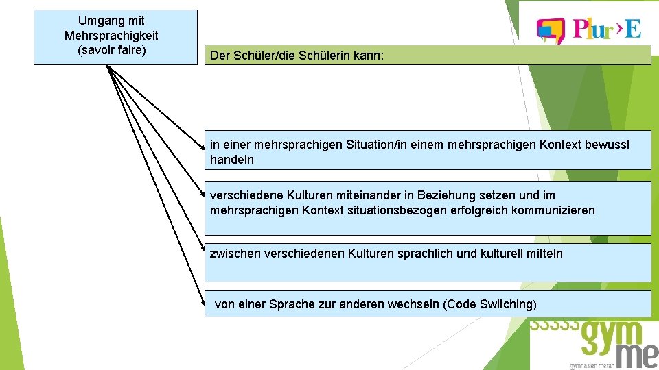 Umgang mit Mehrsprachigkeit (savoir faire) Der Schüler/die Schülerin kann: in einer mehrsprachigen Situation/in einem