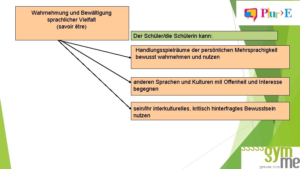 Wahrnehmung und Bewältigung sprachlicher Vielfalt (savoir être) Der Schüler/die Schülerin kann: Handlungsspielräume der persönlichen