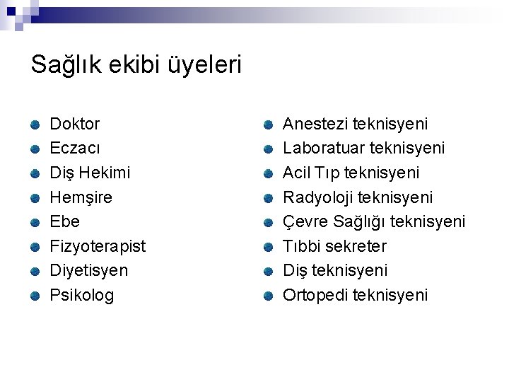 Sağlık ekibi üyeleri Doktor Eczacı Diş Hekimi Hemşire Ebe Fizyoterapist Diyetisyen Psikolog Anestezi teknisyeni