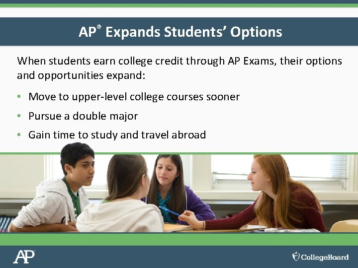 AP® Expands Students’ Options When students earn college credit through AP Exams, their options