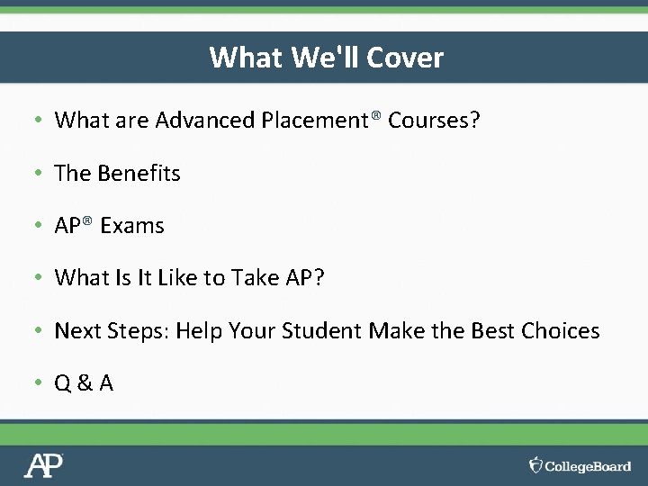 What We'll Cover • What are Advanced Placement® Courses? • The Benefits • AP®