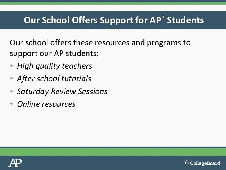 Our School Offers Support for AP® Students Our school offers these resources and programs