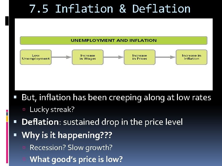 7. 5 Inflation & Deflation But, inflation has been creeping along at low rates