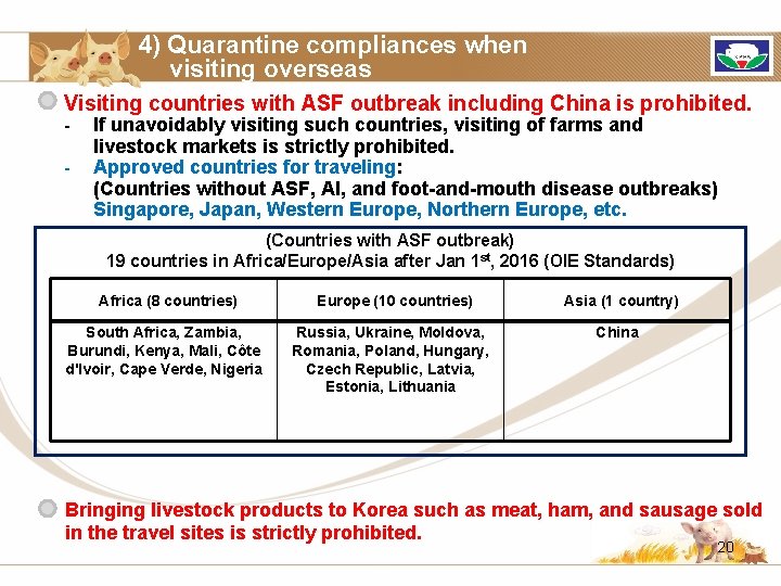 4) Quarantine compliances when visiting overseas Visiting countries with ASF outbreak including China is
