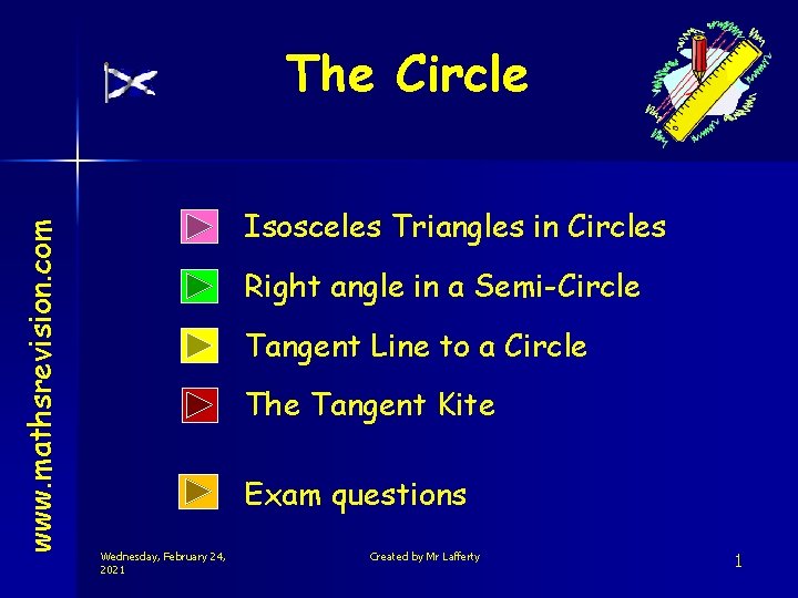 www. mathsrevision. com The Circle Isosceles Triangles in Circles Right angle in a Semi-Circle